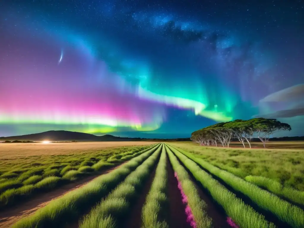 Fotógrafo solitario capturando la belleza de las auroras en Uruguay, en un paisaje campestre bajo un cielo estrellado