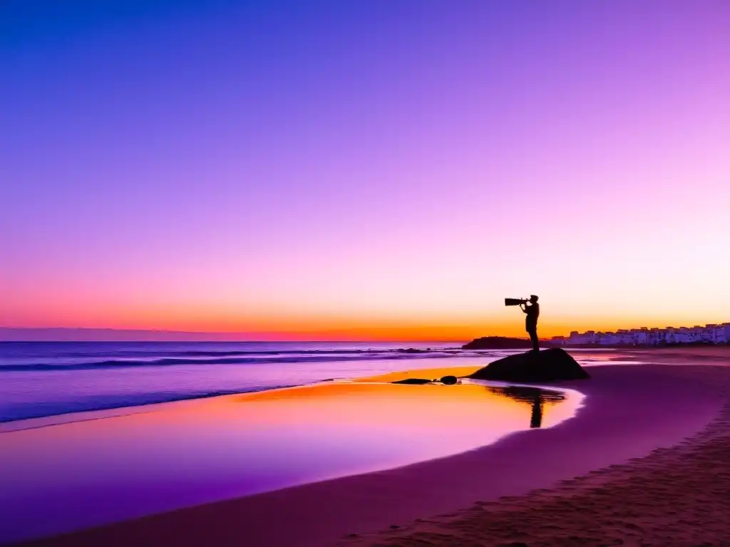 Un fotógrafo solitario captura la belleza de las playas de Uruguay en Punta del Este en un amanecer rosado y sereno