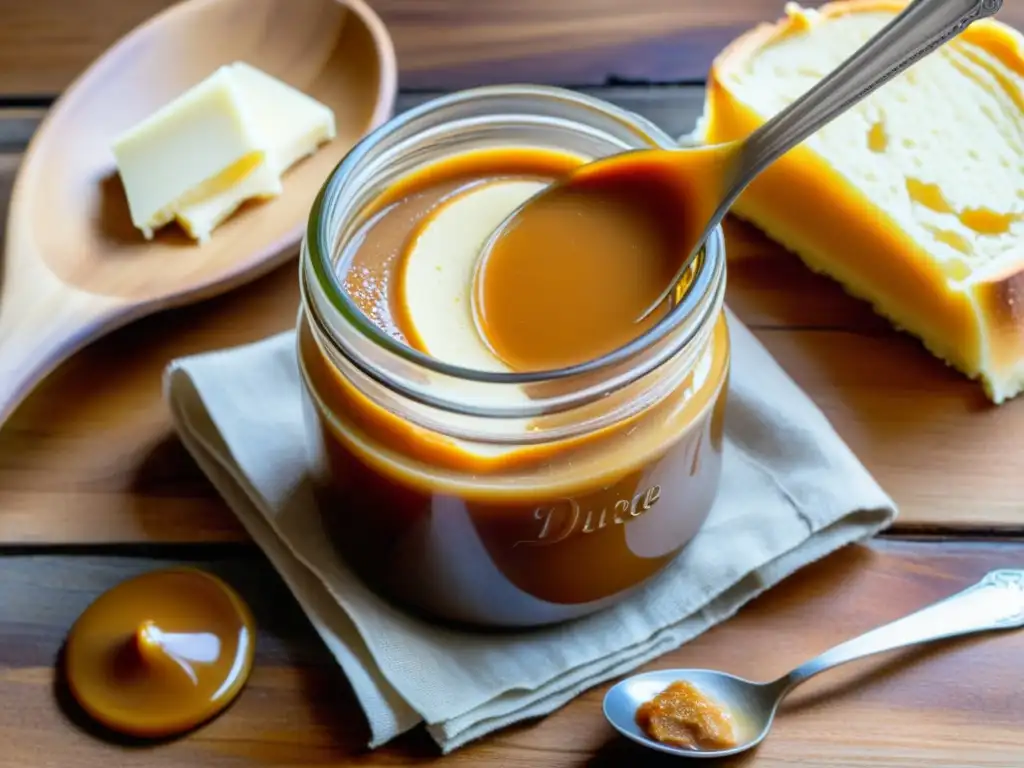 Frascos de dulce de leche uruguayo receta, bañados en luz suave, sobre mesa rústica con sus ingredientes alrededor