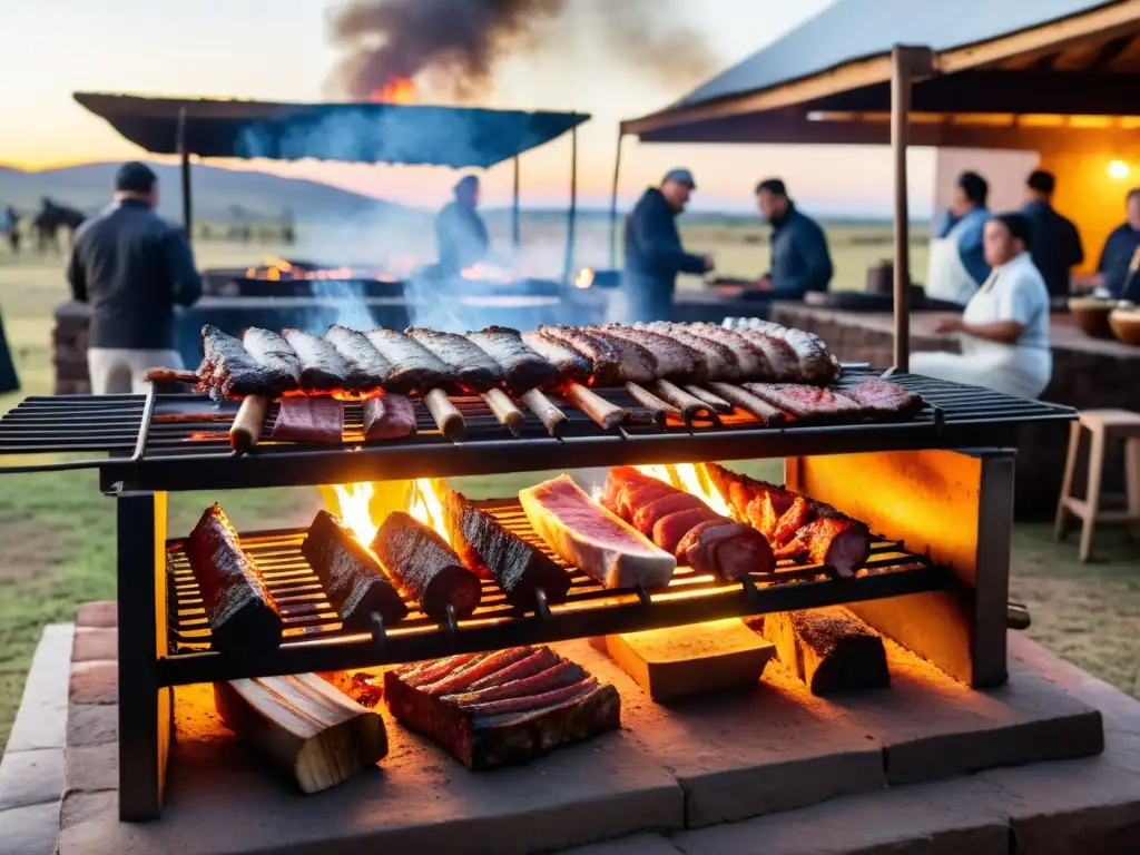 Fuego vivo ilumina un tradicional asado uruguayo en un rústico patio, mientras risas y brindis con Tannat llenan la noche estrellada