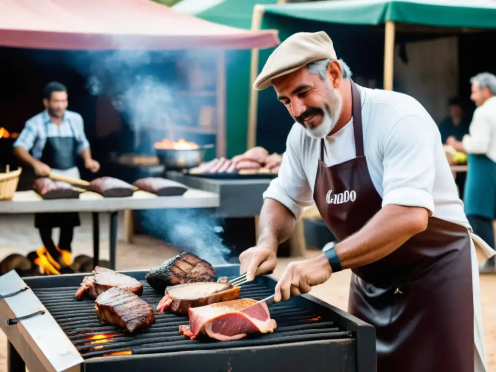 Guía gastronómica turista responsable Uruguay: cocinero uruguayo prepara un asado en un mercado vibrante de Montevideo