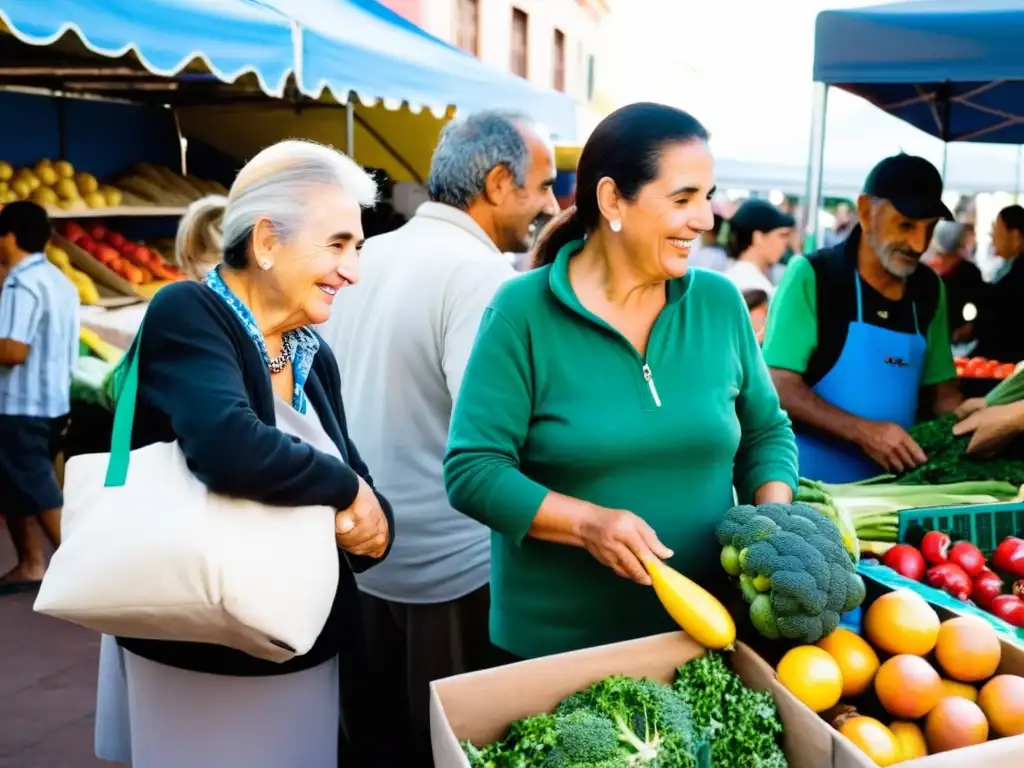 Guía gastronómica turista responsable Uruguay: Mercado local en Montevideo, vibrante y sostenible, bajo el icónico Palacio Salvo