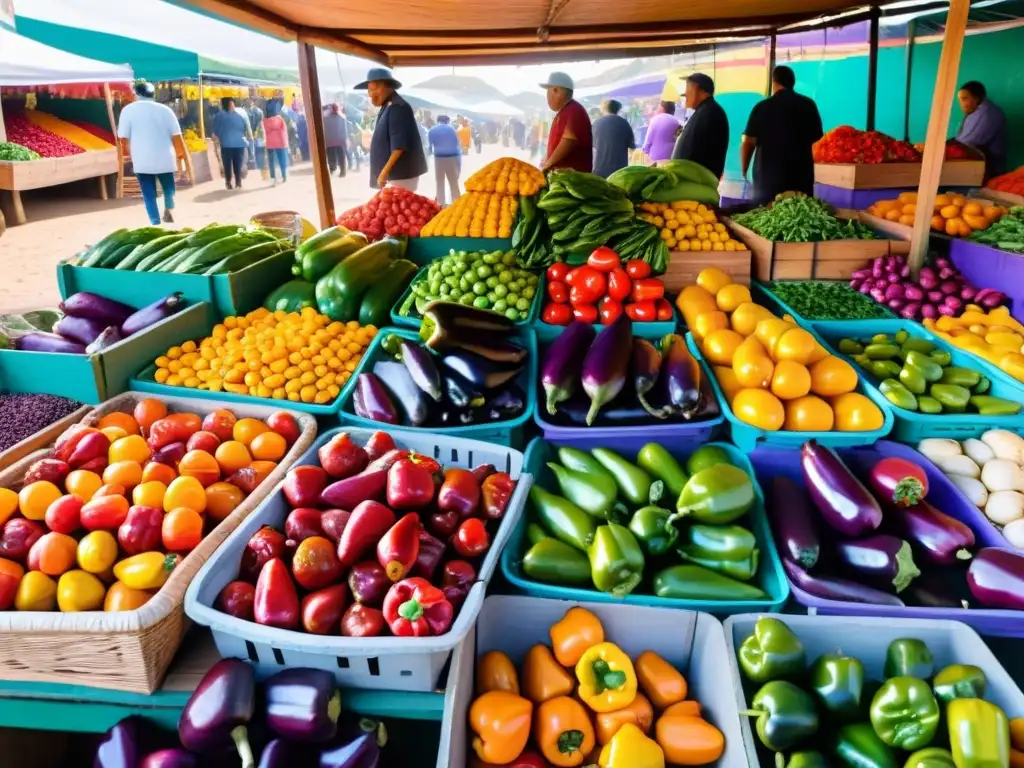 Guía gastronómica turista responsable Uruguay: Mercado uruguayo lleno de vida y color, con productos locales y platillos tradicionales, y prácticas sostenibles evidentes