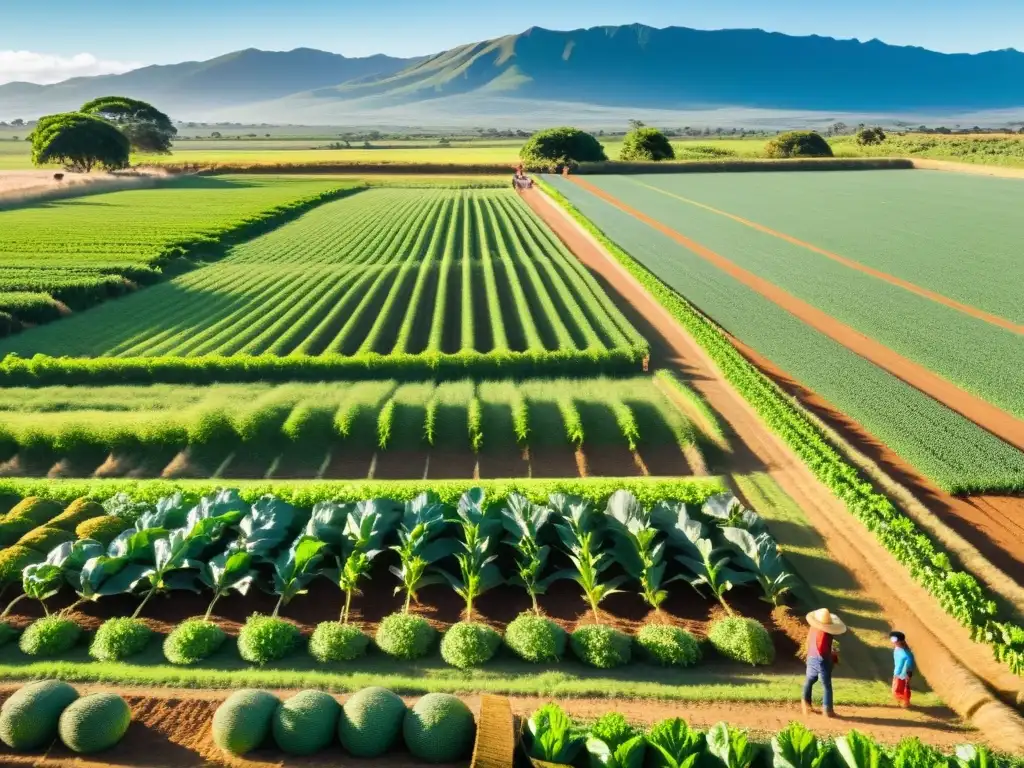 Guía gastronómica turista responsable Uruguay: granja vibrante, cultivos frescos y gallinas bajo el sol radiante