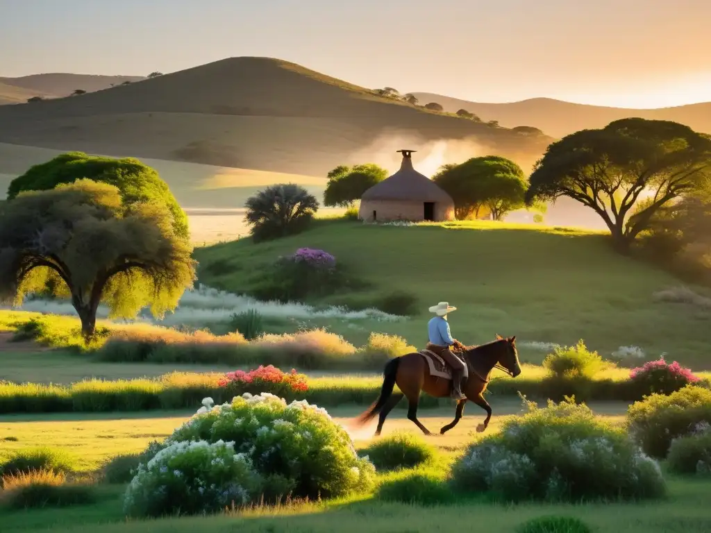 Un gaucho cabalga al atardecer en Uruguay, reflejando el encanto del turismo rural y la belleza de la vida sencilla