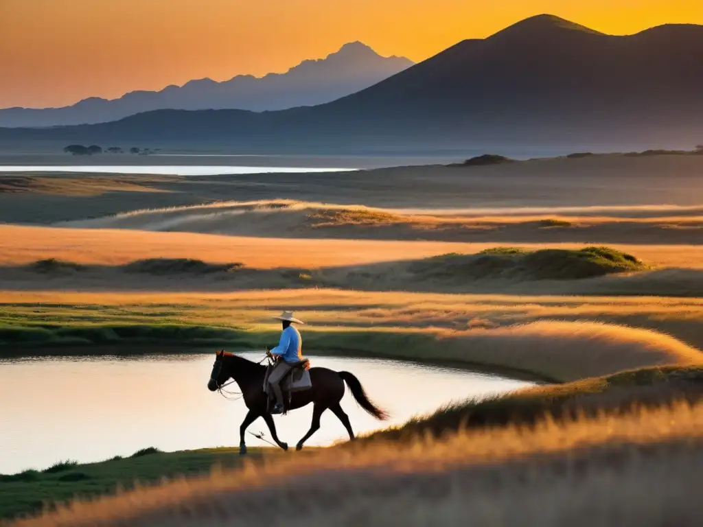 Gaucho montando al atardecer, silueta que resalta la belleza natural de Uruguay