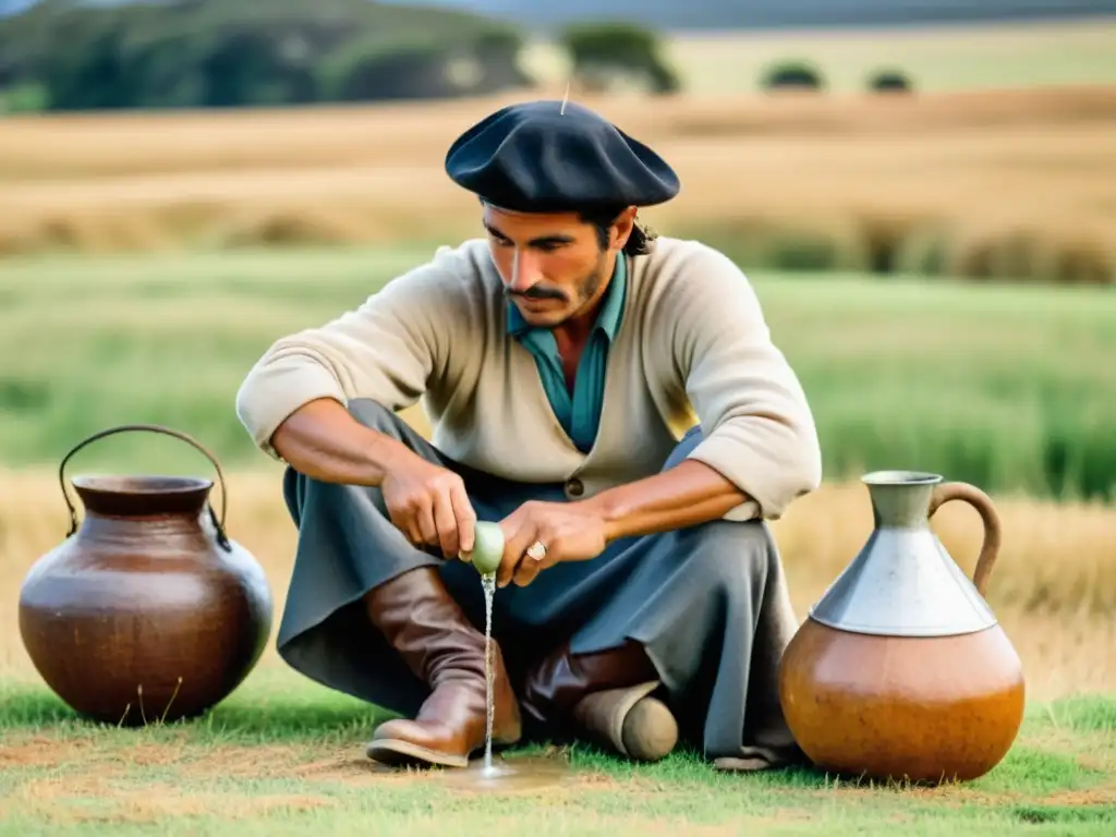 Gaucho en atuendo tradicional preparando la historia del mate uruguayo en las praderas bañadas por el sol dorado del atardecer