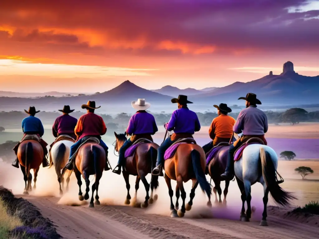 Gaucho audaces en cabalgatas extremas campiña uruguaya al atardecer, con el cielo ardiendo en colores vibrantes