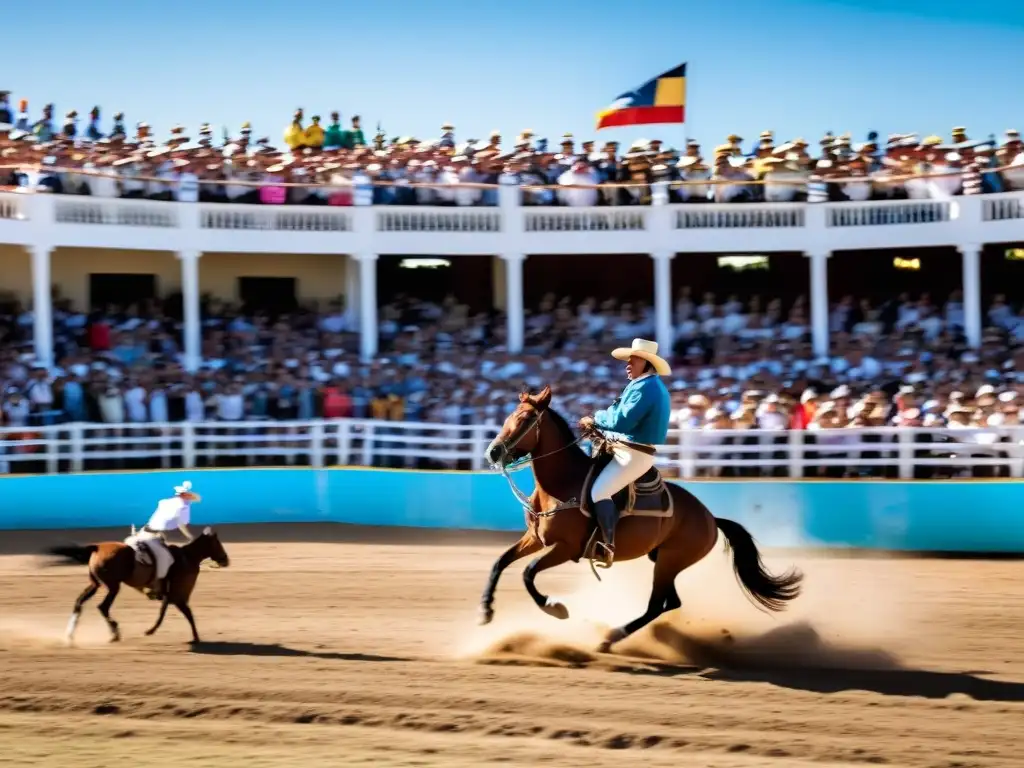 Gaucho audaz doma un caballo en los festivales imperdibles Uruguay, Festival de la Patria Gaucha en Tacuarembó, bajo un atardecer dorado