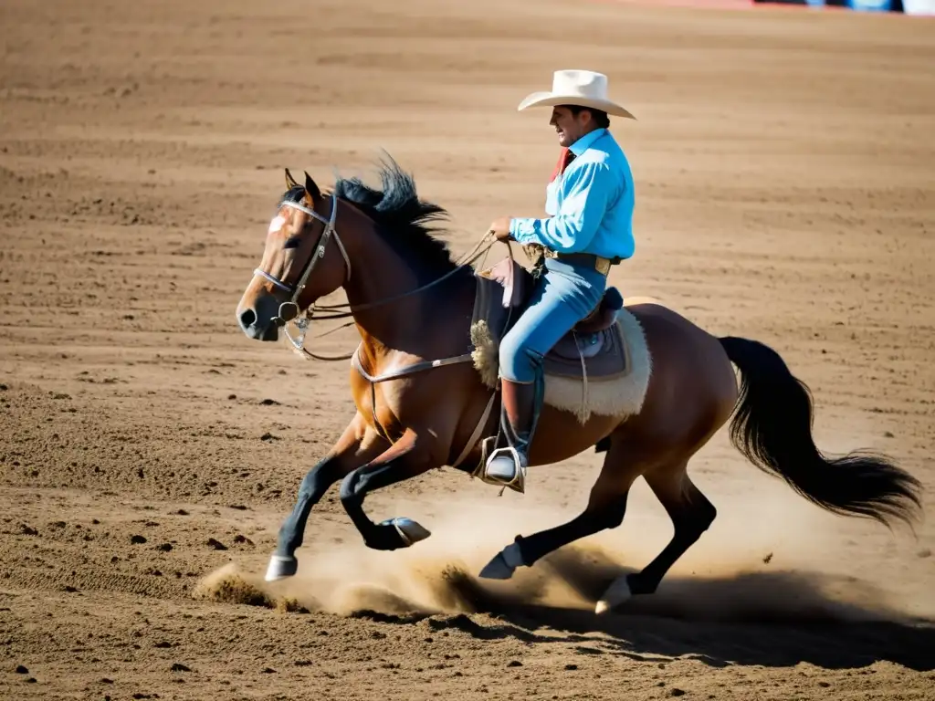 Gaucho audaz en tradiciones gauchescas en Uruguay, desafiando a un caballo salvaje bajo un cielo azul intenso en la Semana Criolla