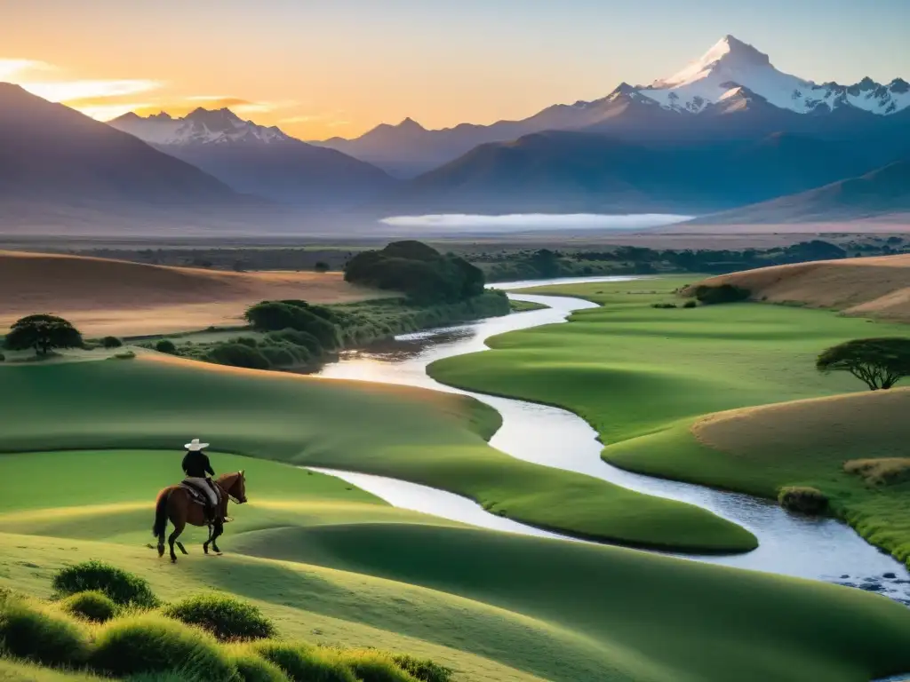 Un gaucho cabalga al amanecer en la belleza natural de Uruguay, viaje visual por colinas verdes, río serpenteante y majestuosos Andes