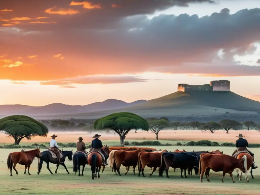 Gaucho en caballo guiando ganado al atardecer, simbolizando la cultura y belleza de Uruguay rural y moderna