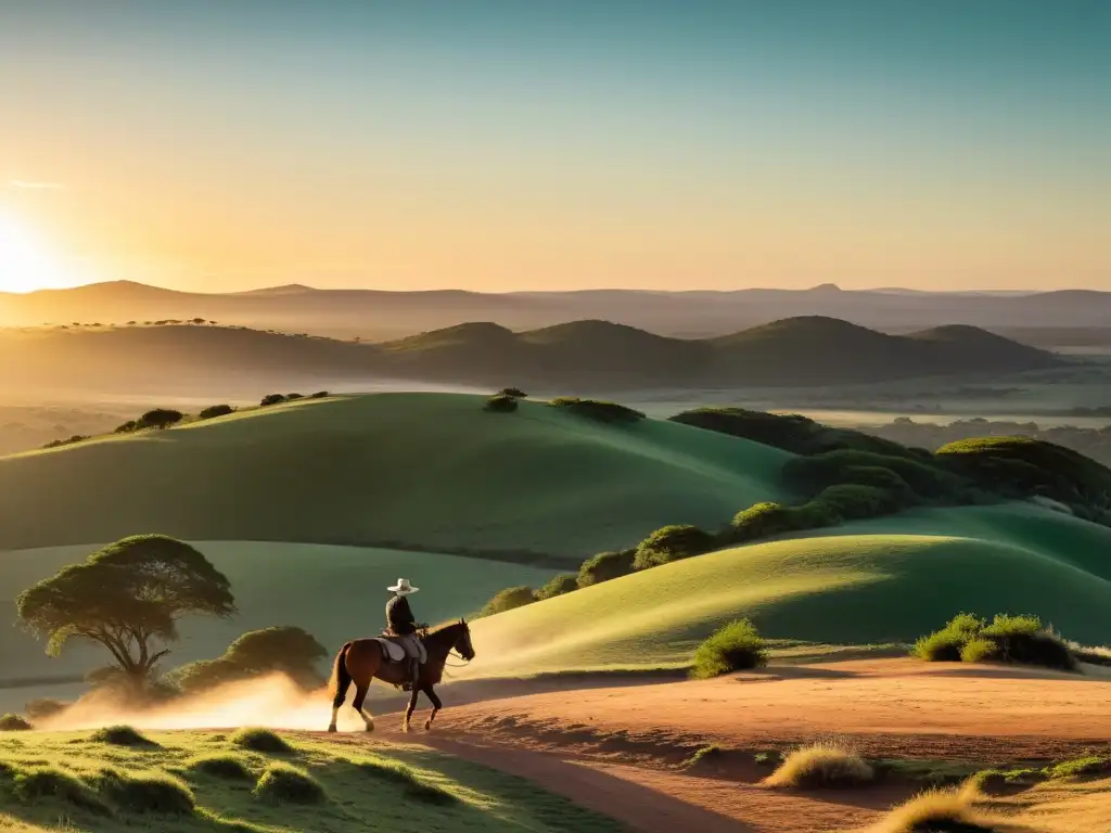 Gaucho en su caballo en Cerro Largo, Uruguay, reviviendo las tradiciones rurales, bajo los primeros rayos del amanecer