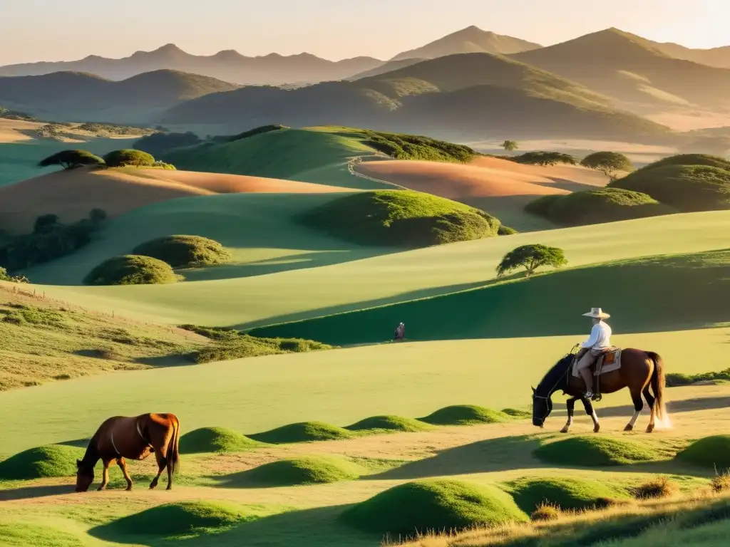 Gaucho montando un caballo Criollo en la dorada hora, simbolizando la rica herencia al fotografiar paisajes y cultura Uruguay