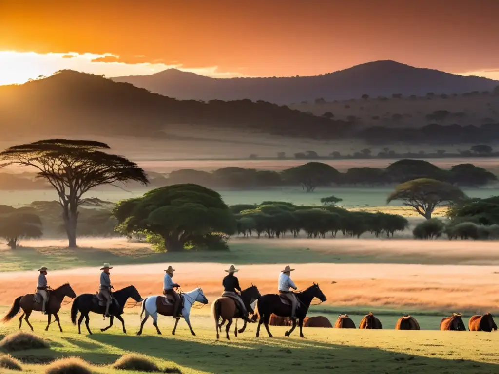 Gaucho montando a caballo en una pampa dorada bajo el vibrante atardecer uruguayo, creando Retratos Culturales Uruguay