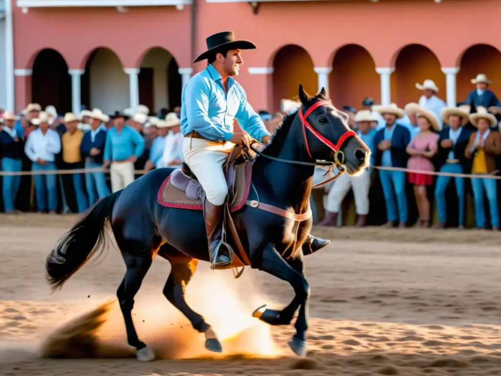 Gaucho montando caballo salvaje en plena Fiesta de la Patria Gaucha Uruguay, bajo la mirada atónita de espectadores al atardecer