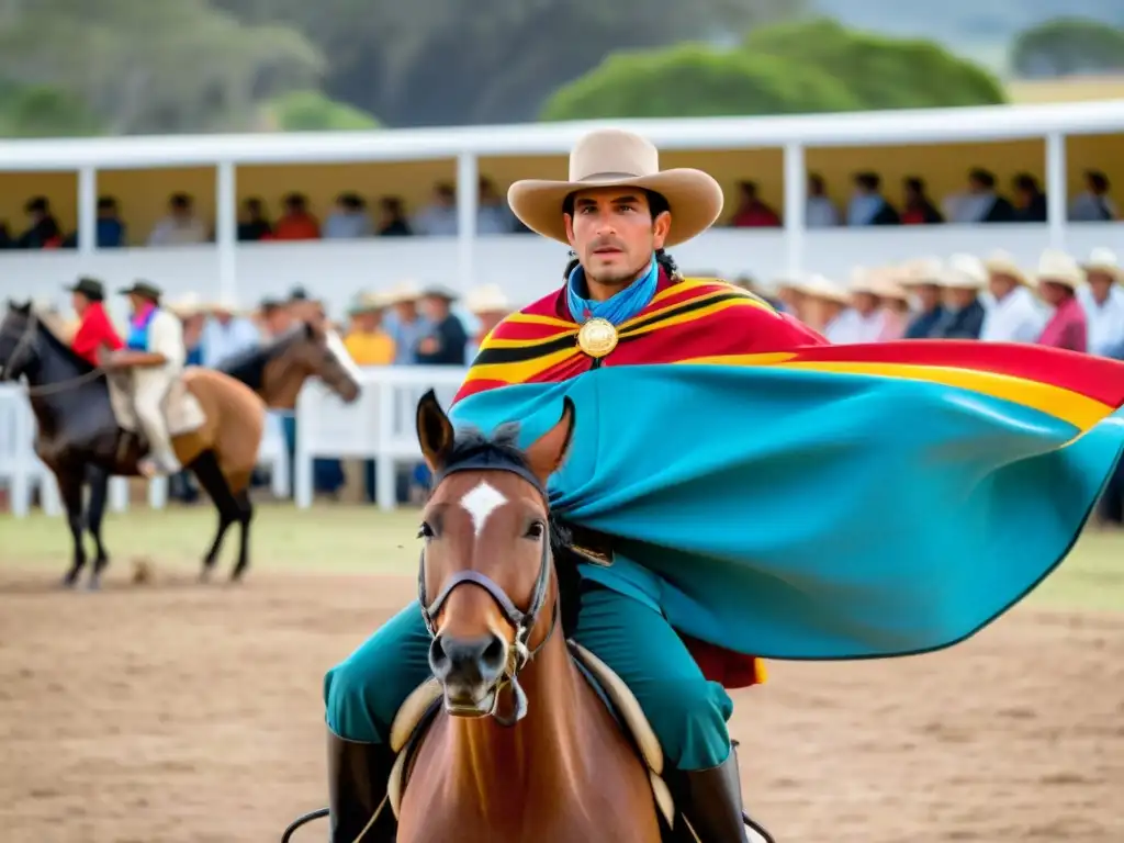 Gaucho montando un caballo salvaje en las tradiciones rurales uruguayas Fiesta Patria Gaucha, con asombro, música, bailes y asado al fondo