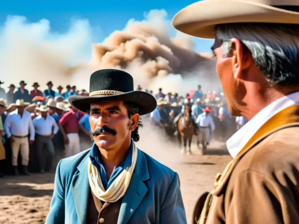 Gaucho guiando su caballo en las tradiciones rurales uruguayas Fiesta Patria Gaucha, entre multitudes emocionadas y paisajes dorados