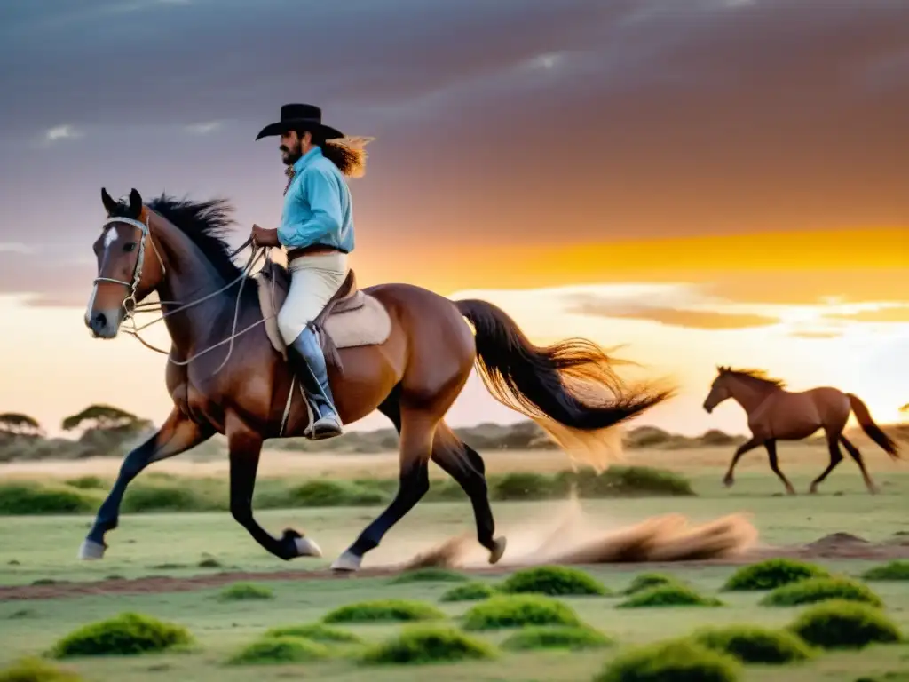 Un gaucho observa a caballos Criollo galopando al atardecer, explorando la belleza natural en Uruguay