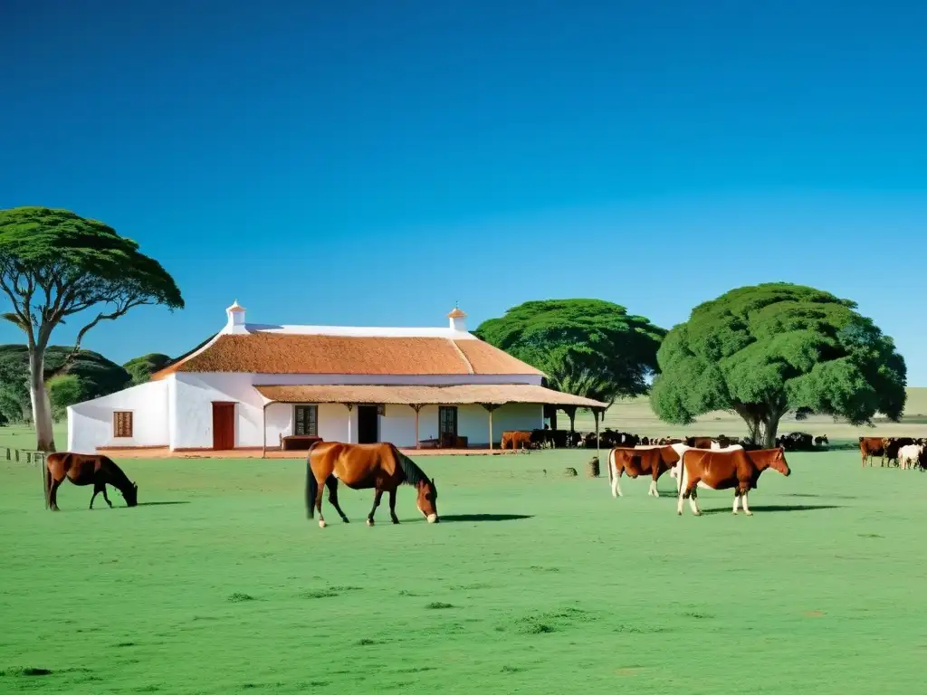 'Gaucho cabalgando bajo el cielo azul de una estancia uruguaya, rodeado de pastos verdes, ganado y encanto rústico