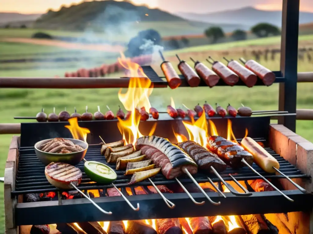 Gaucho experto preparando parrilladas tradicionales en Uruguay, entre llamas danzantes, sabrosos cortes y un paisaje rústico