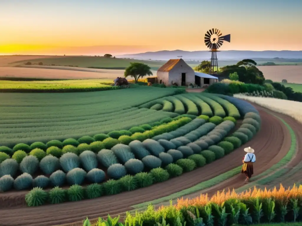 Un gaucho cuida su granja orgánica al atardecer en Uruguay, combinando tradición y sostenibilidad