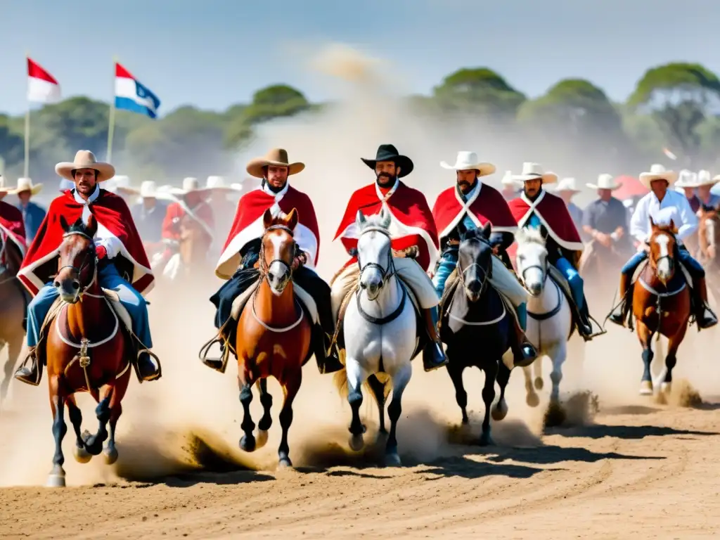 Gaucho jinetes en la vibrante Fiesta de la Patria Gaucha en Uruguay, demostrando destreza bajo el sol, ante un público emocionado