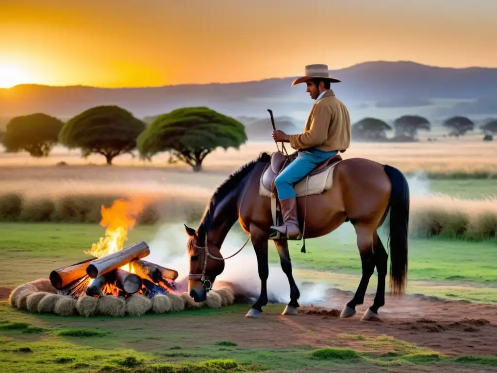 Gaucho saboreando mate en un sereno atardecer, culmina su viaje fotográfico por Uruguay, admirando la tradición y belleza rural