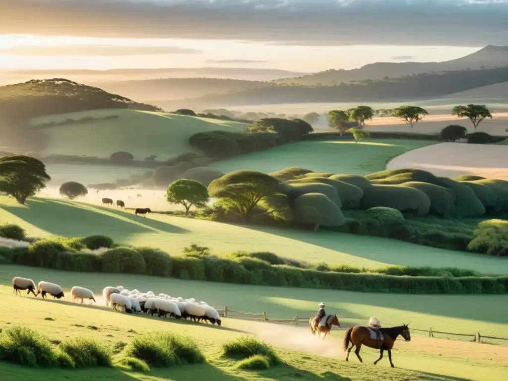 Un gaucho guiando ovejas al amanecer en una estancia uruguaya, resaltando la belleza de las estancias ecoturismo Uruguay naturaleza