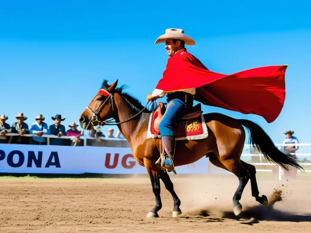 Gaucho en plena acción en la Fiesta de la Patria Gaucha Uruguay, rodeado de espectadores animados y el vibrante azul del cielo