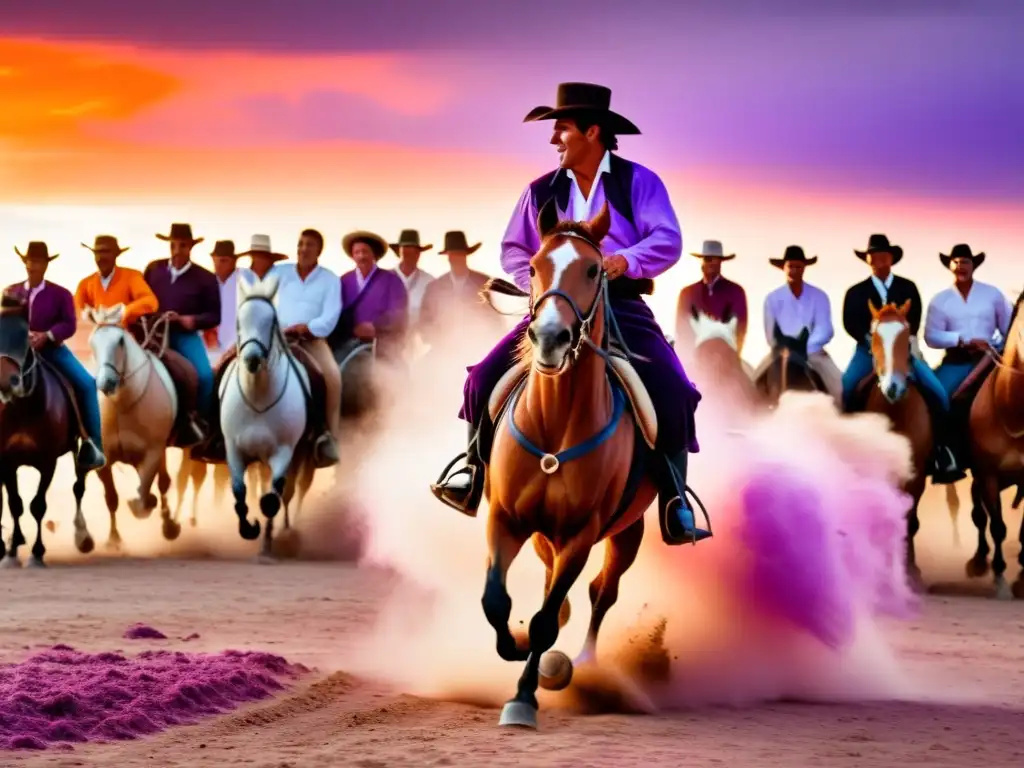 Gaucho montando valientemente en la Semana Criolla en Uruguay, celebración tradicional, entre colores vibrantes, comida tradicional y un cielo dramático al atardecer