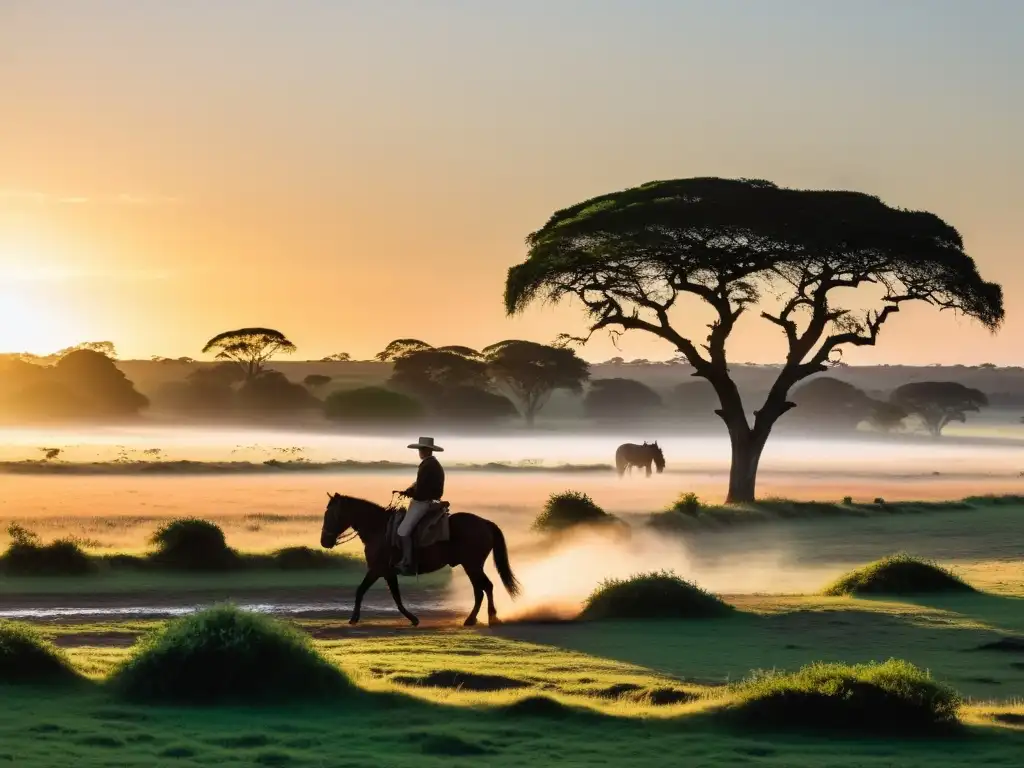 Gaucho solitario cabalgando al amanecer, explorando la belleza natural en Uruguay, con vastas llanuras iluminadas por la luz dorada