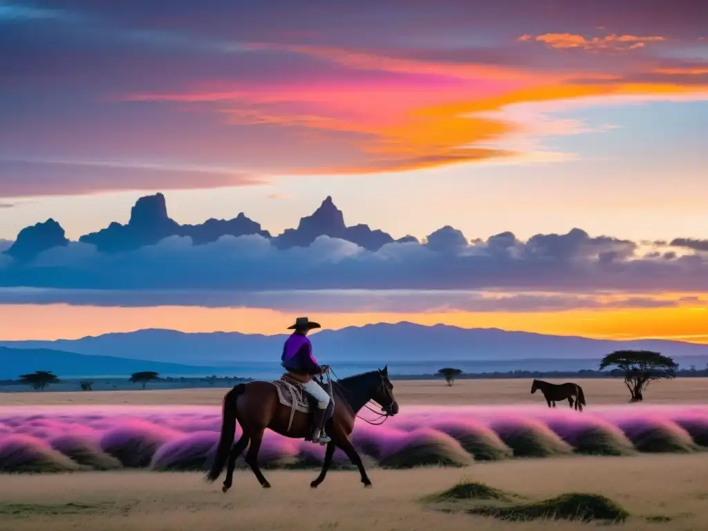 Gaucho solitario en su caballo en las extensas Pampas uruguayas al atardecer, reflejando la emotiva Cultura de los Gauchos Uruguayos