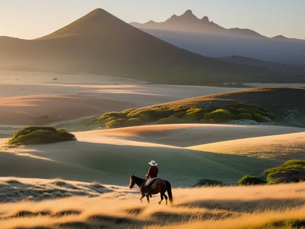 Un gaucho solitario en Cerro Largo, Uruguay, guiando su ganado al amanecer, evocando las tradiciones rurales Uruguay Cerro Largo