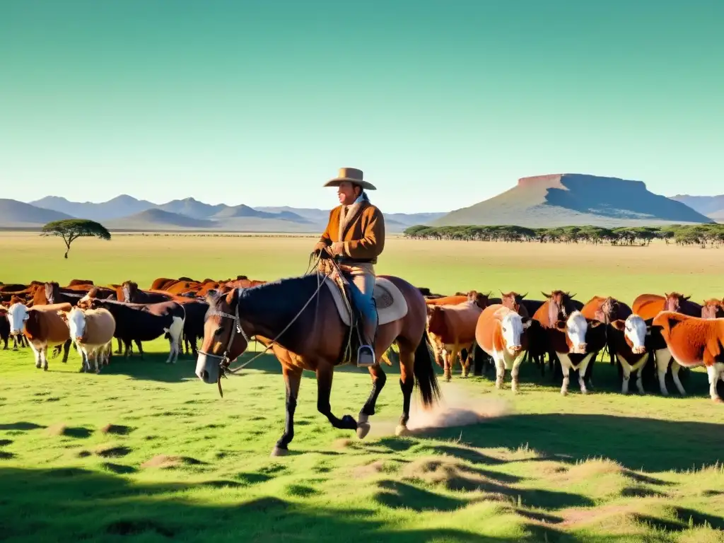 Gaucho solitario en estancias uruguayas, guiando Hereford entre pampas iluminadas por el sol, reflejando la cultura de los gauchos