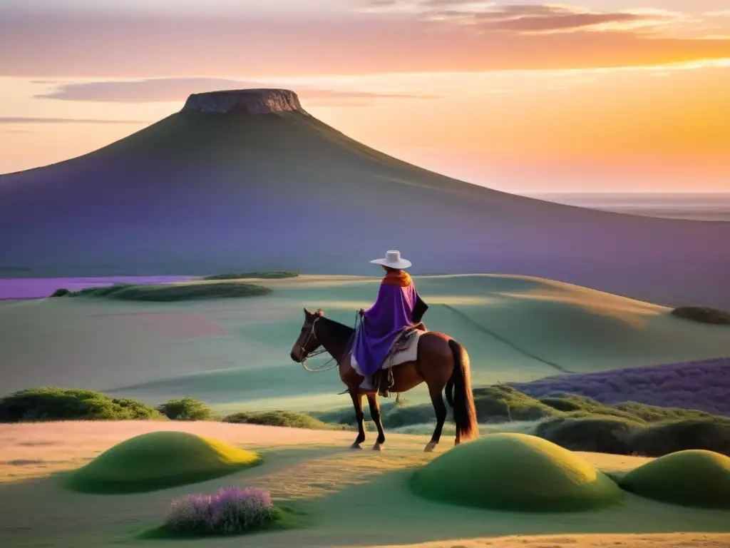 Gaucho solitario, símbolo de las tradiciones rurales de Uruguay en Cerro Largo, cabalgando al atardecer bajo un cielo pintado de naranja y púrpura