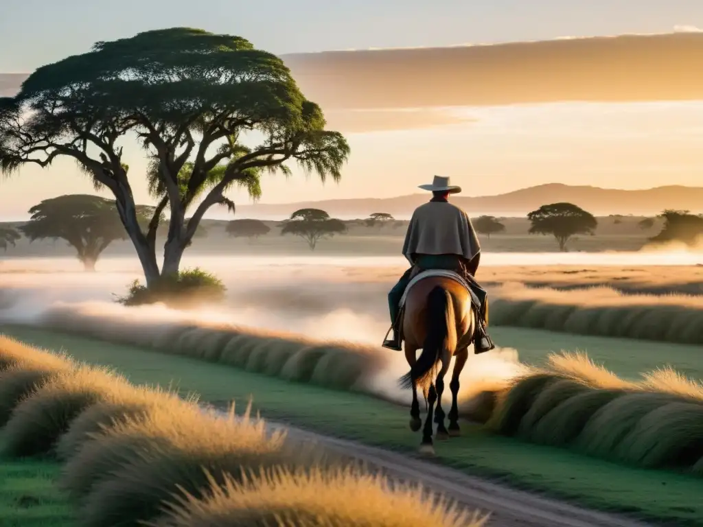 Gaucho solitario, en tradicional atuendo, cabalgando al amanecer en las Pampas Uruguayas