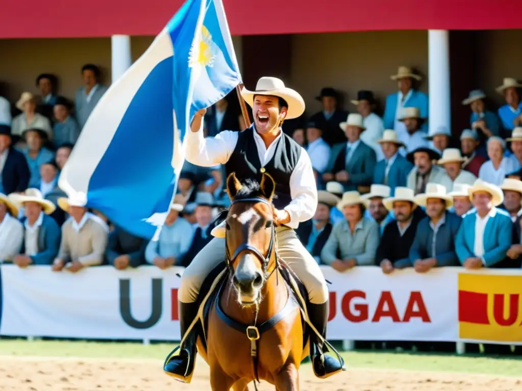 Un gaucho talentoso cabalga enérgicamente un caballo en la vibrante Fiesta de la Patria Gaucha en Uruguay, bajo un cielo azul radiante