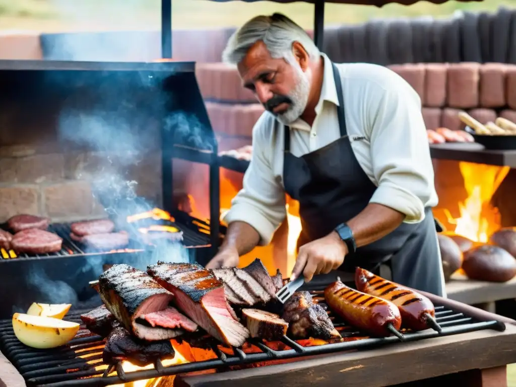 Un gaucho tradicional en su atuendo distintivo concentrado en su asado uruguayo, ofreciendo una inmersión cultural en las tradiciones de Uruguay