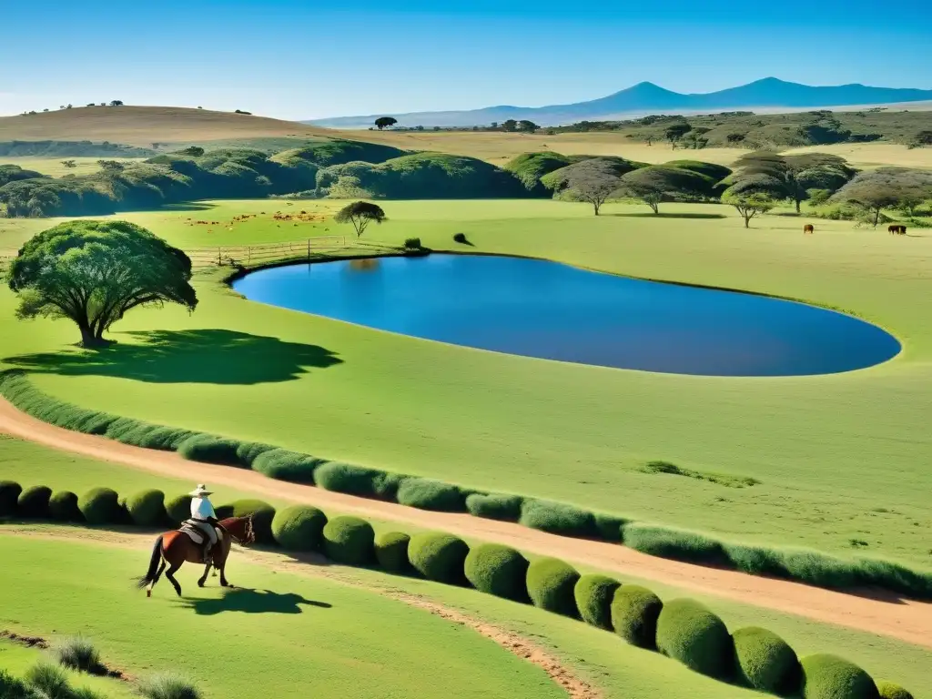 Un gaucho tradicional cabalga en las estancias uruguayas, reflejando la tradición y belleza del campo