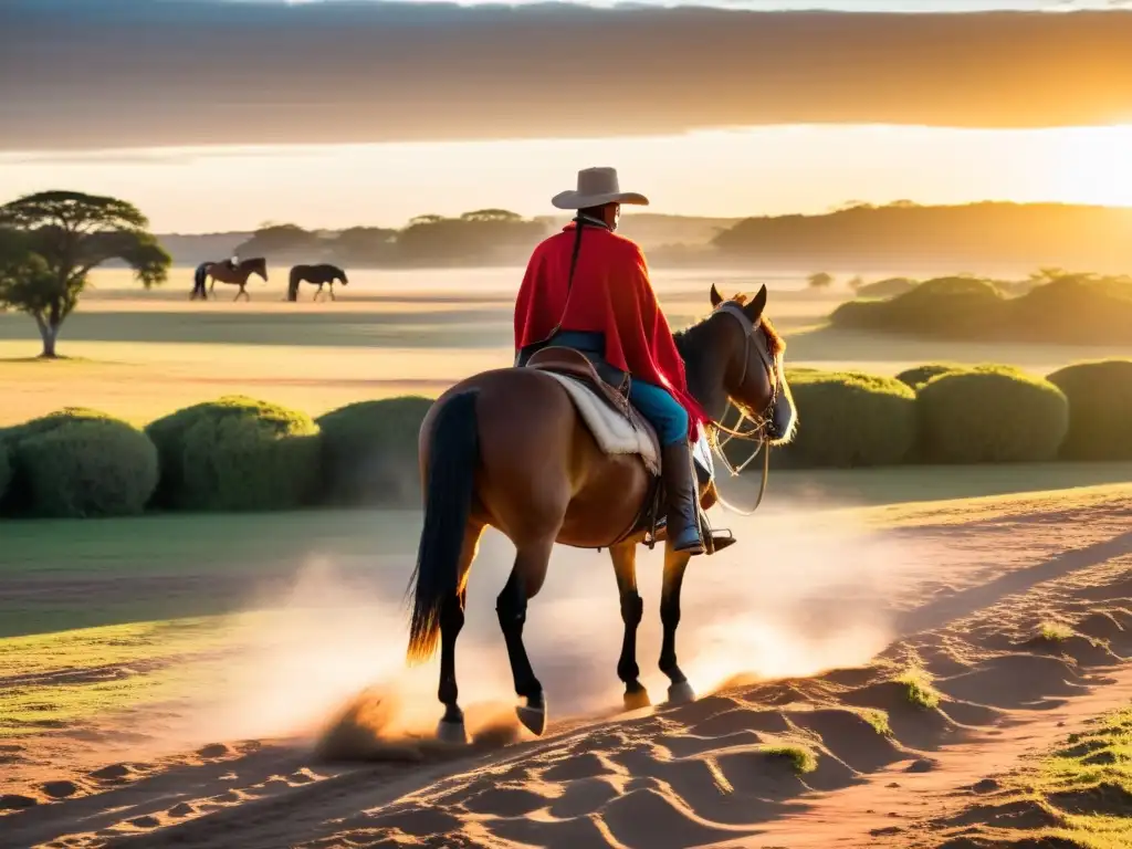 Un gaucho tradicional cabalga al amanecer por el rústico campo uruguayo, capturando la auténtica cultura y belleza de Uruguay