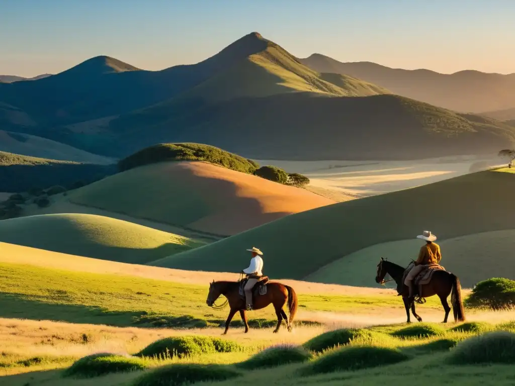 Gaucho tradicional cabalgando al amanecer en las Sierras de Minas, Uruguay, belleza natural y cultura vibrante en un panorama dorado