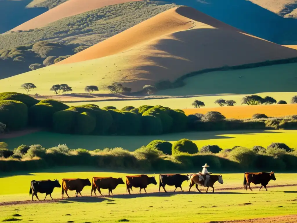 Gaucho tradicional en 'Turismo rural Uruguay estancias belleza', guiando ganado Hereford bajo un cielo colorido, reflejando la vida campestre