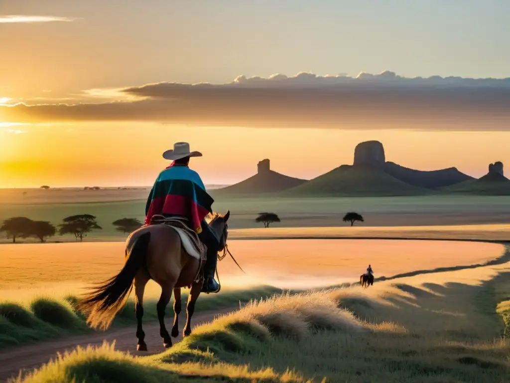 Gaucho tradicional uruguayo en la pampa, tocando guitarra al atardecer, celebrando las tradiciones gauchescas en Uruguay