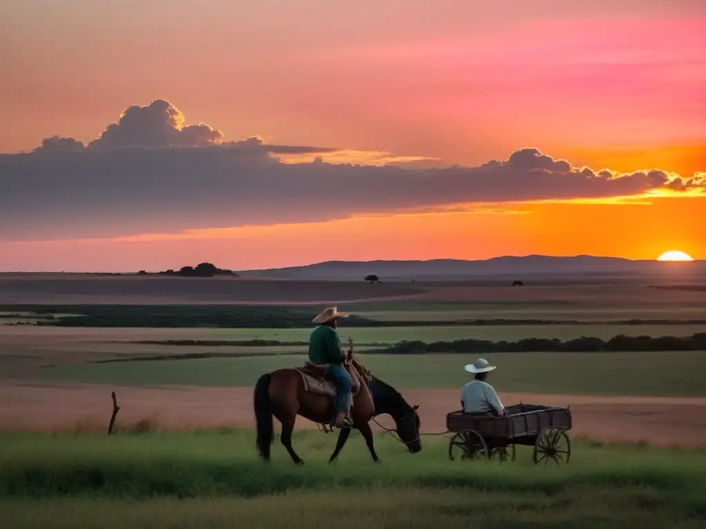 Gaúcho uruguayo y anciano Charrúa intercambiando sabiduría al atardecer, ilustrando el impacto de las lenguas indígenas en el español de Uruguay