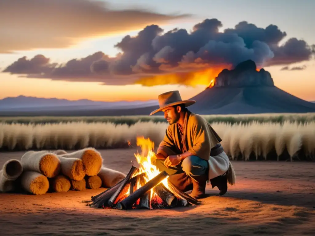 Gaucho uruguayo en atuendo tradicional preparando un asado al atardecer, reflejando la cultura de los Gauchos Uruguayos