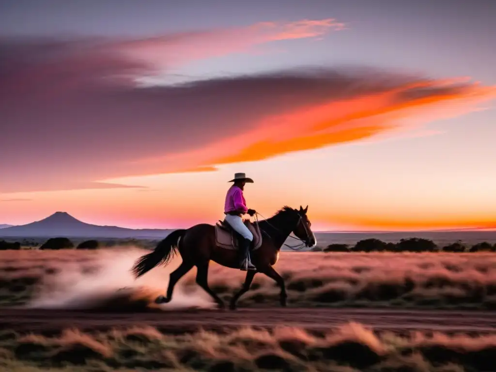 Gaucho uruguayo en cabalgatas en la pampa uruguaya, bajo un cielo teñido de rosa y naranja al atardecer, evocando aventura y serenidad