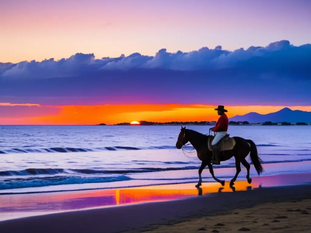 Gaucho uruguayo en su caballo, representando la cultura y tradiciones de Uruguay, bajo un cielo vibrante en la desembocadura del Río de la Plata