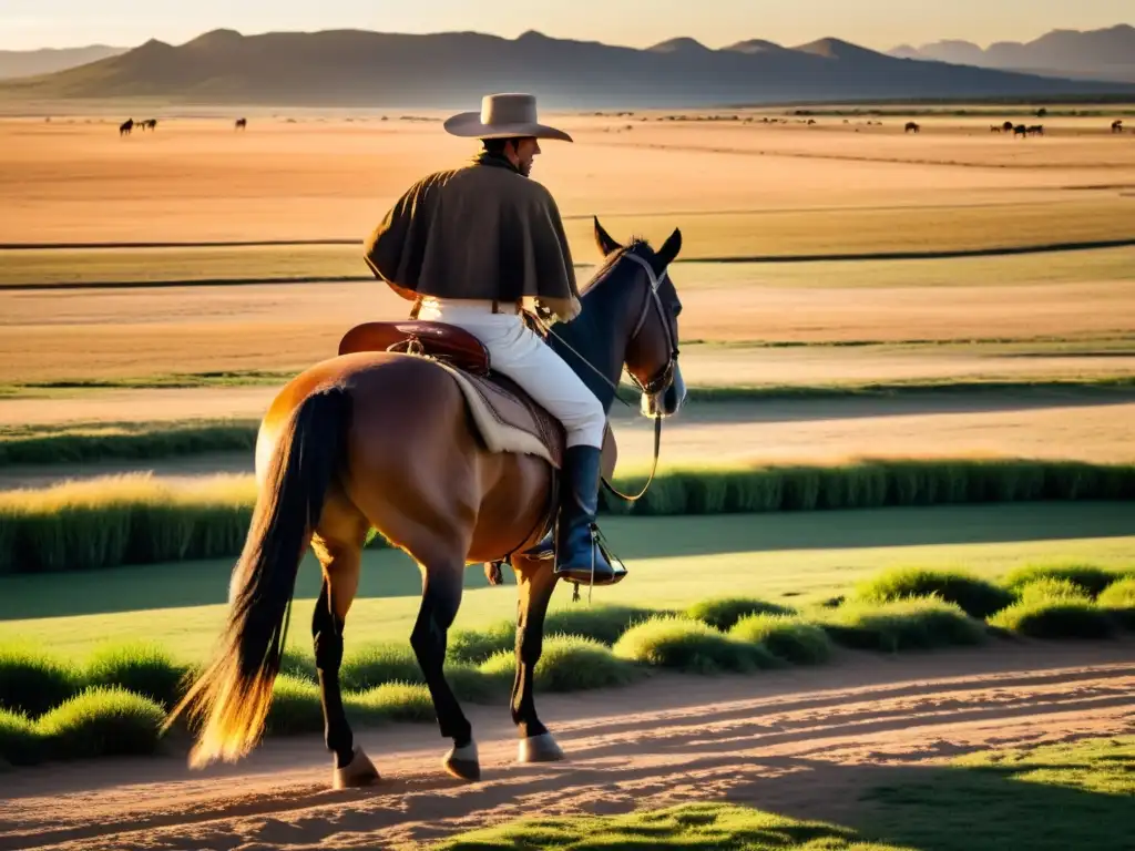 Gaucho uruguayo en inmersión cultural, tocando guitarra a caballo en las pampas, reflejando las tradiciones de Uruguay