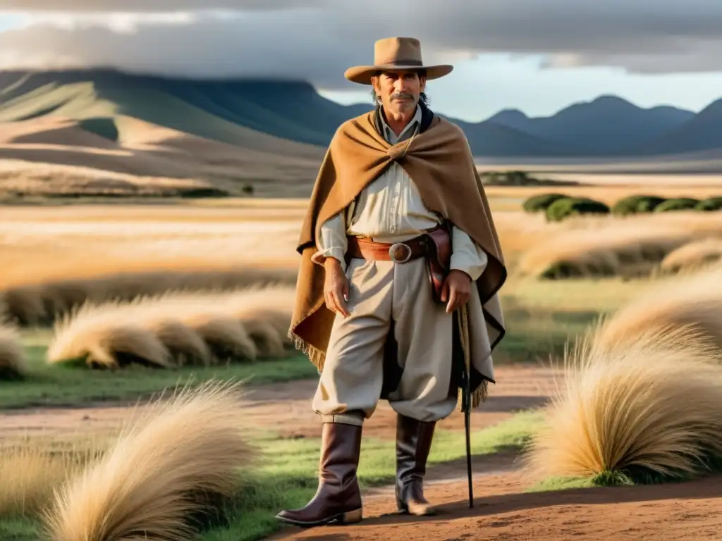 Gaucho uruguayo maduro en las doradas Pampas, reflejando la cultura de los Gauchos Uruguayos con orgullo y sabiduría